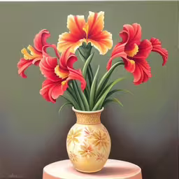 a painting of flowers in a small vase,a painting of red flowers in a vase,a painting of flowers in a vase on top of a stand,there are flowers in a vase on a table,a painting of a vase with flowers on a table