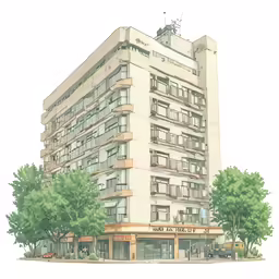 a watercolor drawing of an apartment building with the front entrance and cars parked in front