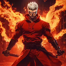 devil slayer is standing in front of flames,an anime character standing in front of a large fire