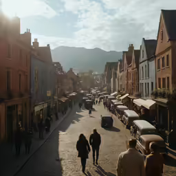 a street scene with a group of people walking down the street