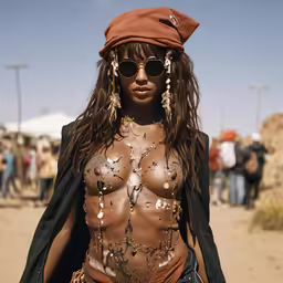 a woman in cowboy clothes and eyeglasses walks down the dirt path