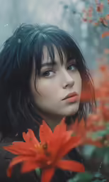a woman looks at something on her face