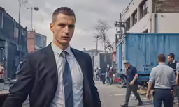 the man is walking down the street in his suit