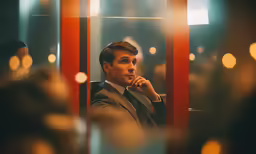 a man in a suit sitting on a bus