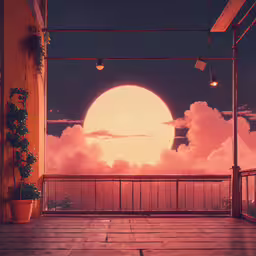 a picture of an outside area with sunlight going down,a sun sitting on the edge of a patio