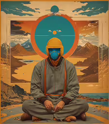 an artist sitting in meditation wearing a helmet,a painting showing a person with a blue helmet