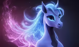 a close up view of a horse with pink and blue hair