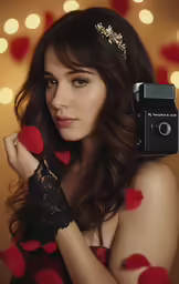 woman holding camera up in front of heart - shaped petals