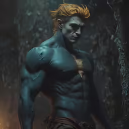 a man with blue paint wearing gladia in the woods