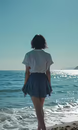 a woman standing on the beach in front of the ocean