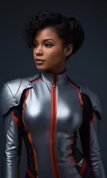 a young woman in silver and orange leathers