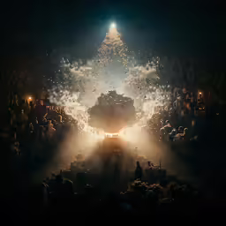 fireworks, lights and confetti fill a black stage