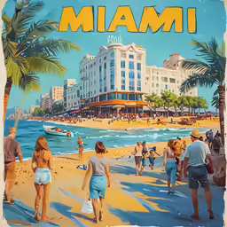 a vintage poster shows people on the beach