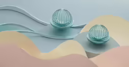 blue decorative objects sit on a blue, beige and pink background