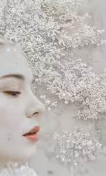 a woman with freckles of flowers on her head is staring behind the glass