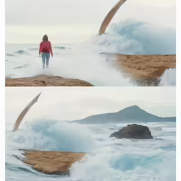 two pictures of water crashing into the shore and the woman in red jacket standing on the rock