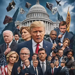 people standing in front of the u s capitol building and behind him is a poster of president donald the trump