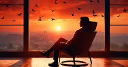 a person sitting in a chair facing an open window with birds flying out of it,person sitting in a chair looking out the window at birds flying