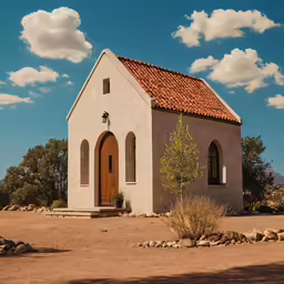 the building has two doors and is in the middle of the dirt field