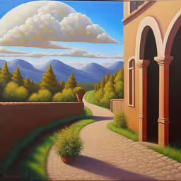 a painting of an outside with a tree and mountains behind,a painting of a scenic landscape with a building and mountains,a painting of a pathway leading to two arched windows,a painting of a landscape that looks like the scenery,a painting of a scenic path with mountains in the background