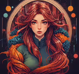 a girl with red hair, in the shape of an image,a girl with long red hair standing behind a circular mirror