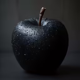 an apple sits with a little leaf and it is covered in raindrops