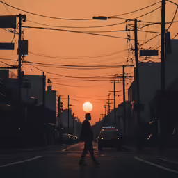 person walking in street with wires overhead and the sun behind them
