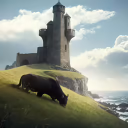 an animal in a field near a castle