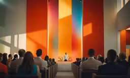 people in chairs with a man on stage in front of an audience
