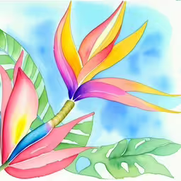 painting of bright flower on a light blue background,a very colorful floral on a sunny day