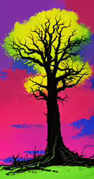 the bare tree is under an almost colored sky,a big tree is shown in the painting