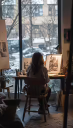 a woman sitting in front of a large window
