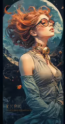 a woman in dress and glasses, looking up at the sky