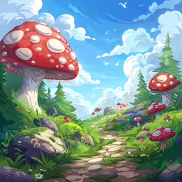 a pathway surrounded by trees on the side of a hill,a cartoony scene with a big mushroom