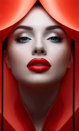 a woman in red is wearing red lips and a red dress