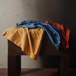 a table with a blanket on it with a wall in the background