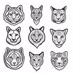eight head of wild cats in black and white illustration,a bunch of different wild cats in line