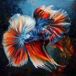 a fish that is looking like it has red and white stripes,a beautiful, colorful, red and blue bethelfish on a dark background