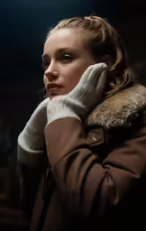 a woman in a brown jacket and fur collar