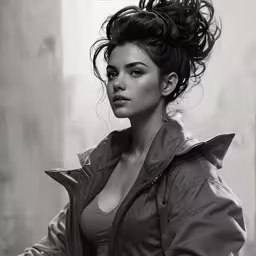 woman with dark curly hair posing and holding an object in her hand,the beautiful woman is posing in her coat