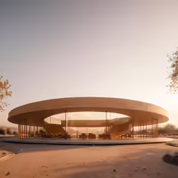 an unusual round building in the middle of a dirt field