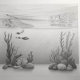 this is an abstract drawing of a body of water,a pencil drawing of a seaweed and sea shells,pencil drawing underwater scene with seaweed, corals and fish,an underwater scene drawn with pencil, and colored pencil,drawing a seaweed wallpaper mural for the living room
