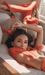 the woman is laying down and posing for the camera