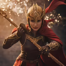 a female hero in a suit and armor, holding an arrow