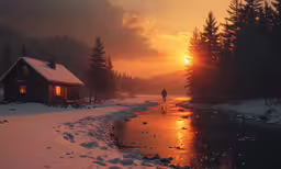 a couple of houses in the snow near a body of water