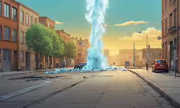 the image shows a city street with a fountain in the center,a geyser on the street that is emitting water