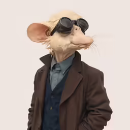 a rat with big glasses standing in a suit and jacket