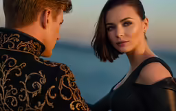 a young man standing next to a woman near the ocean