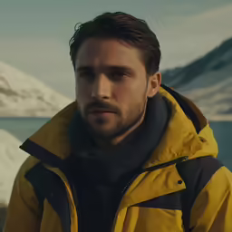 a man wearing a yellow jacket in front of some snow covered mountains