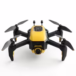 a yellow and black toy quad cop with multiple propellers